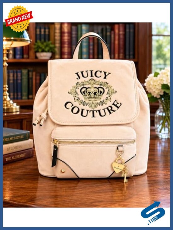 Drawstring Flap Closure Velour Mini Backpack with Heart Charm & Adjustable main image 4